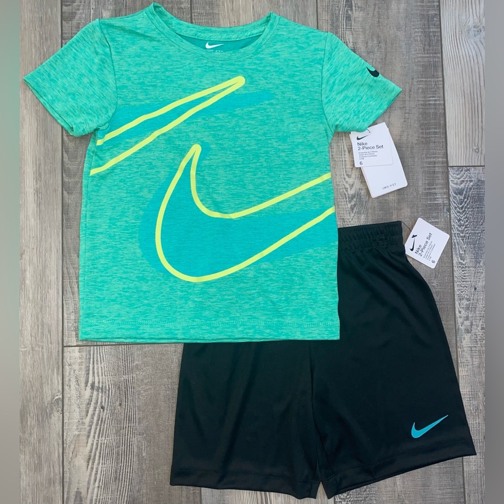 NWT Nike Dri-FIT Teal Blue Neon Black Short Sleeve T-Shirt and Short Set Boy’s 6